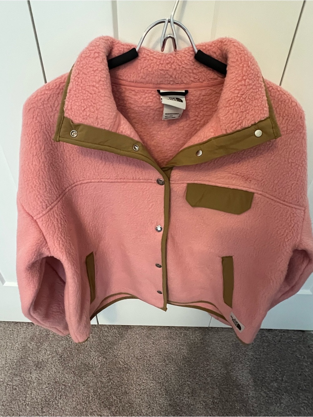 The North Face Pink Teddy Fleece Jacket with Tan Trim